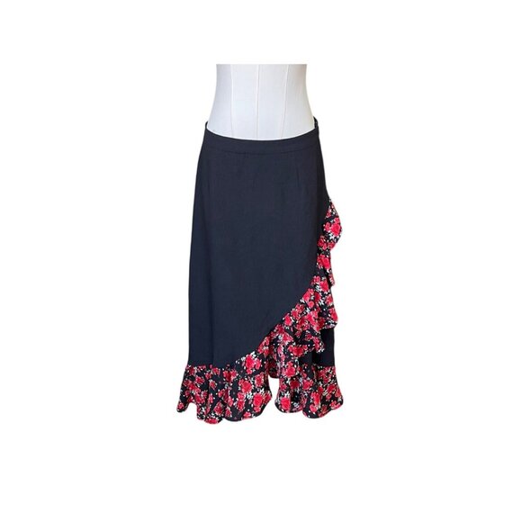 Simple Retro Y2K Floral Midi Skirt Sz L Ruffle Fairy Coquette Asymmetrical‎ Hem - Picture 2 of 10